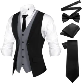 1920s Mens Costume Men's Layered Vest, Bow Tie, Necktie, Pocket Square Set Formal Vests Business Waistcoat for Wedding