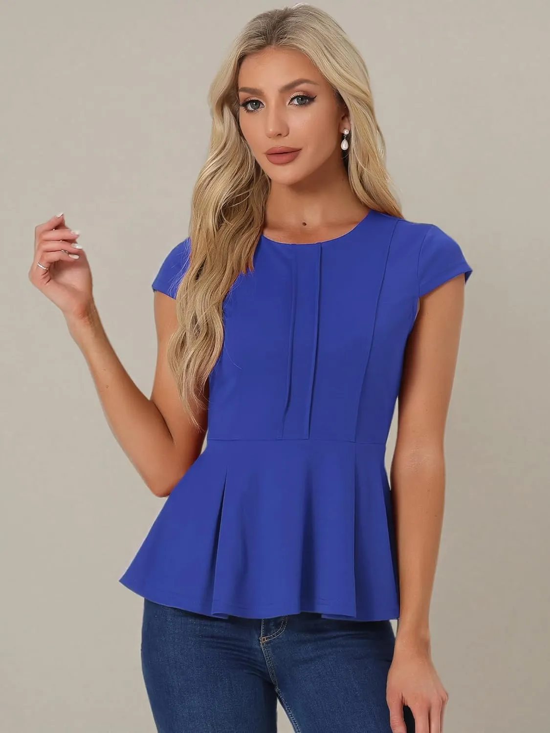 Allegra K Women's Peplum Top Cap Sleeve Round Neck Dressy Summer Workwear Blouse for Business Casual