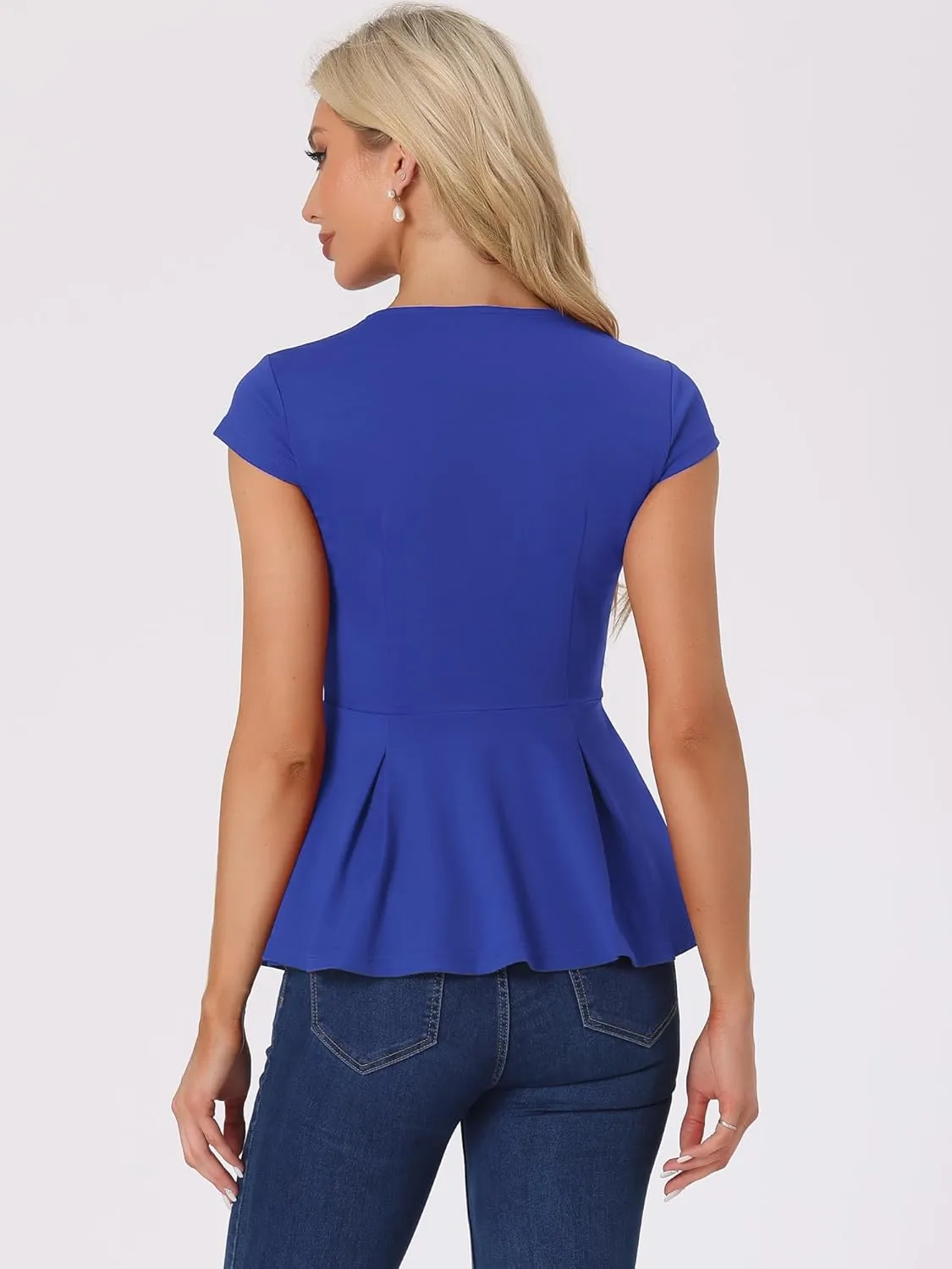 Allegra K Women's Peplum Top Cap Sleeve Round Neck Dressy Summer Workwear Blouse for Business Casual