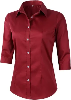 Beninos Women's 3/4 Sleeve Formal Work Wear White Button Down Shirt