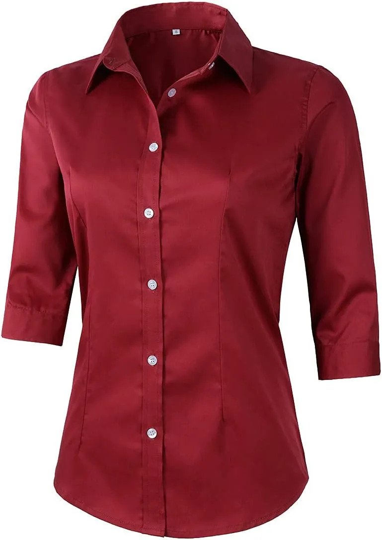 Beninos Women's 3/4 Sleeve Formal Work Wear White Button Down Shirt