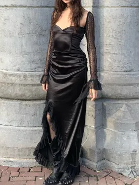 Black satin lace long-sleeved dress