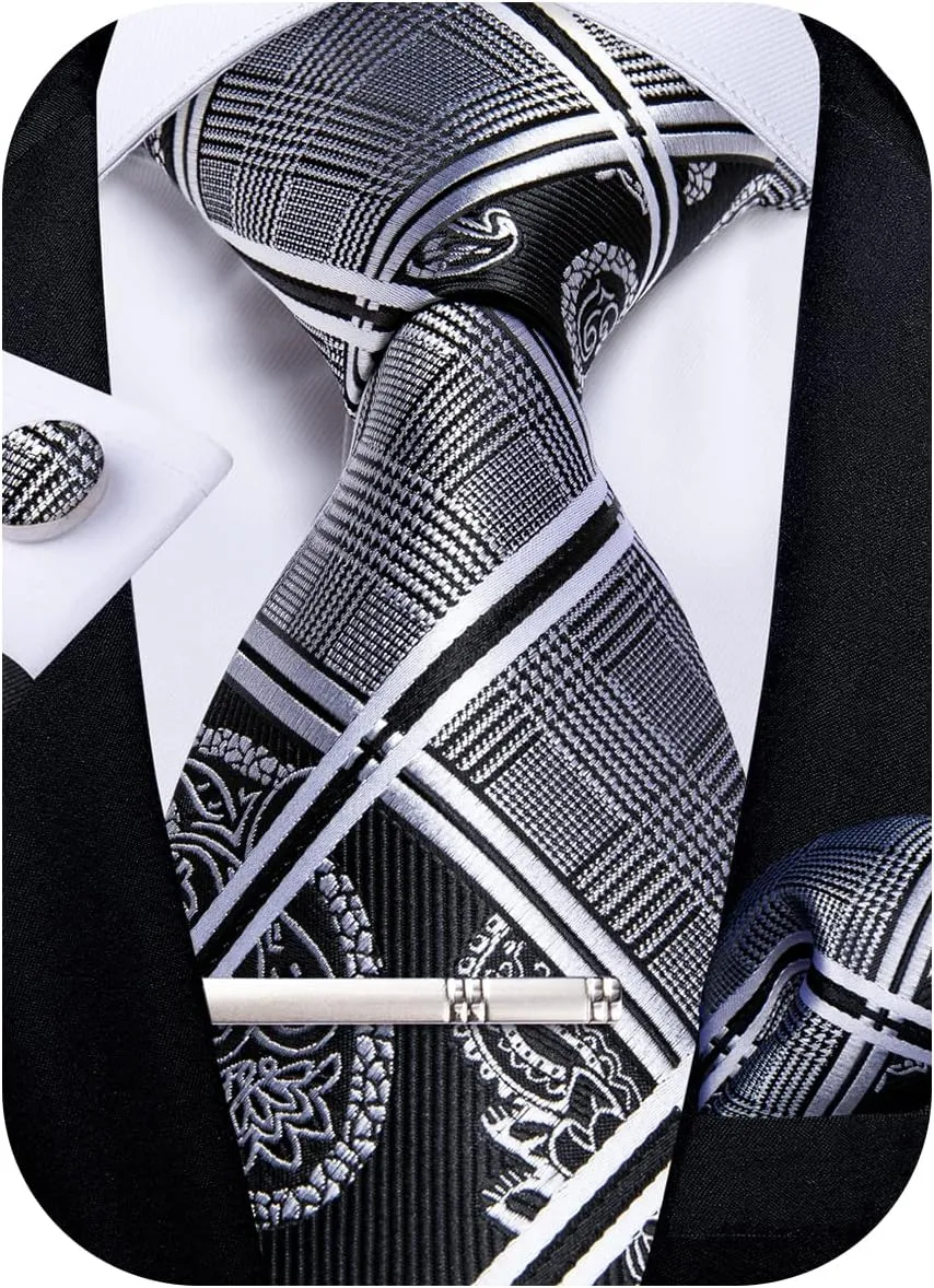 DiBanGu Plaid Ties for Men Silk Checkered Necktie and Pocket Square Cufflinks Tie Clip Set with Gift Box for Wedding Business