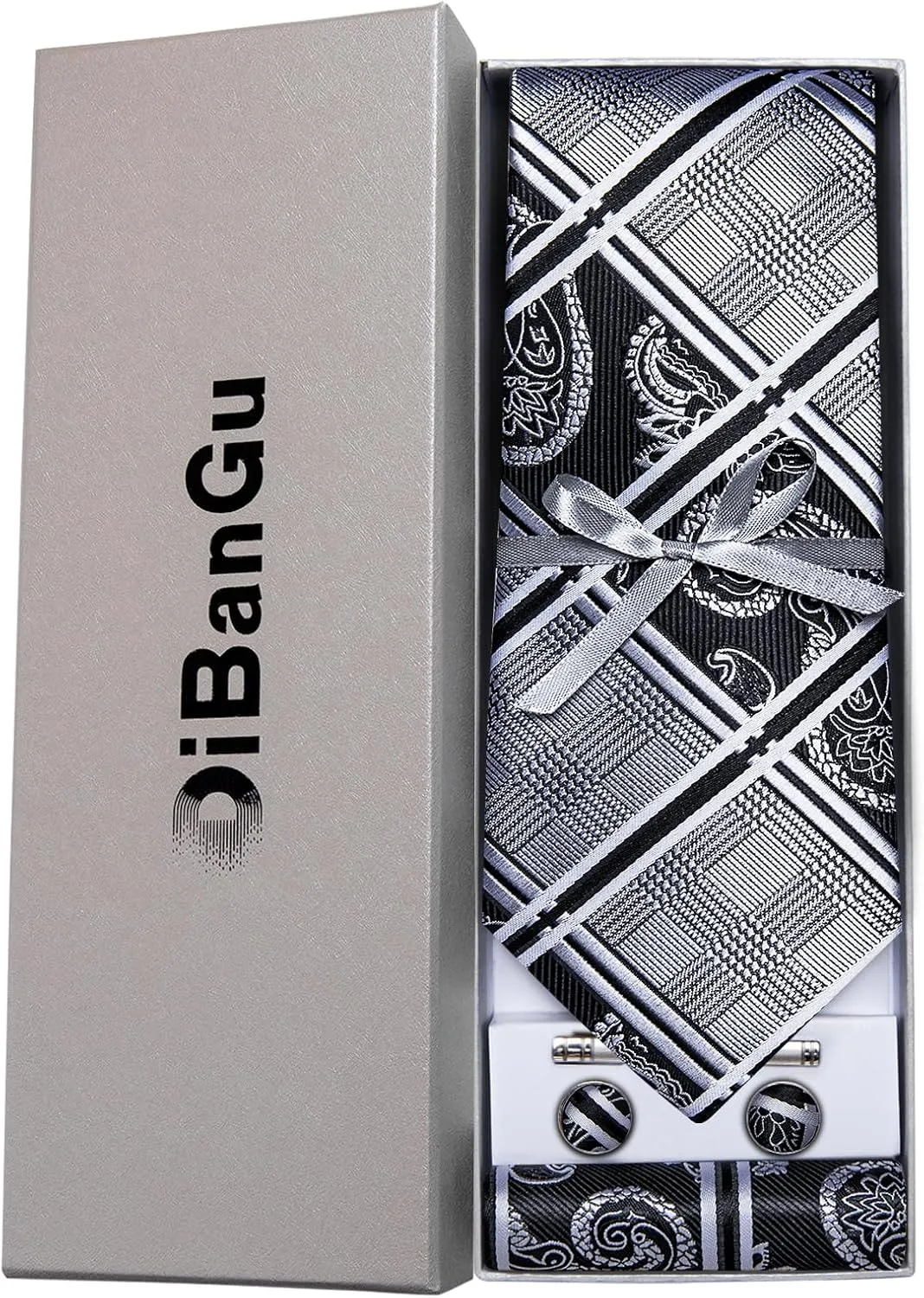 DiBanGu Plaid Ties for Men Silk Checkered Necktie and Pocket Square Cufflinks Tie Clip Set with Gift Box for Wedding Business