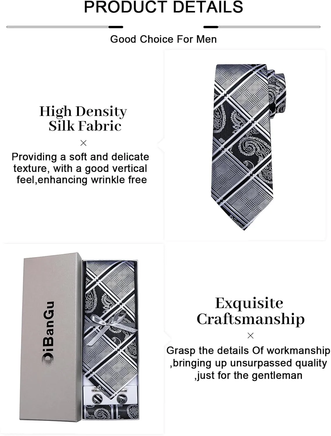 DiBanGu Plaid Ties for Men Silk Checkered Necktie and Pocket Square Cufflinks Tie Clip Set with Gift Box for Wedding Business
