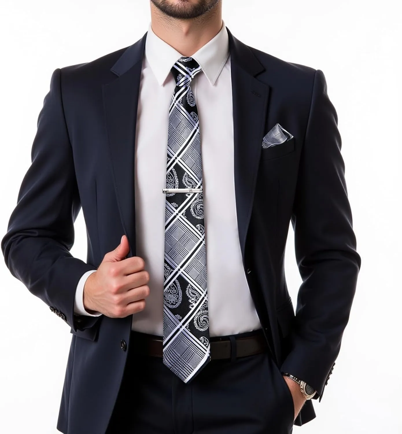 DiBanGu Plaid Ties for Men Silk Checkered Necktie and Pocket Square Cufflinks Tie Clip Set with Gift Box for Wedding Business