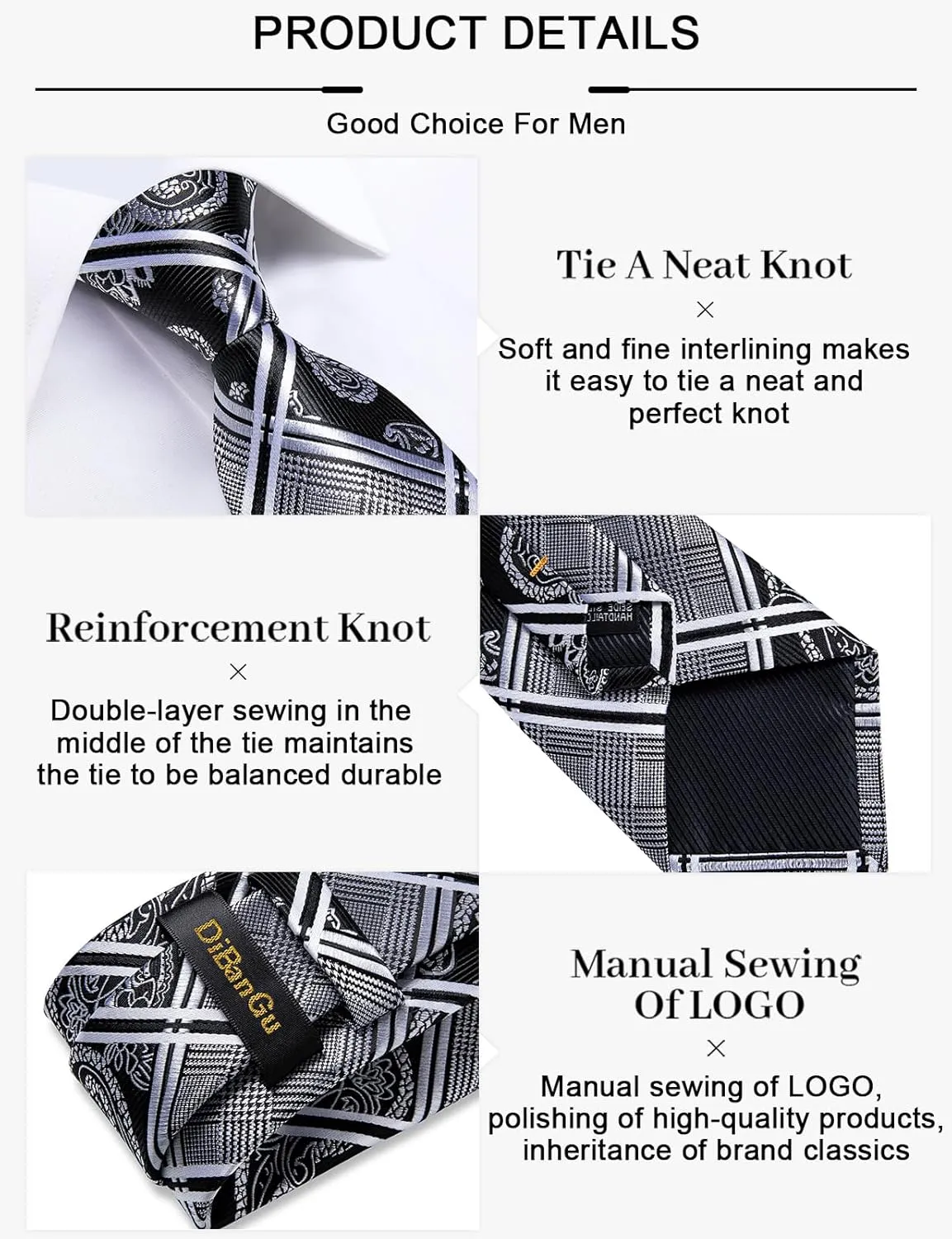 DiBanGu Plaid Ties for Men Silk Checkered Necktie and Pocket Square Cufflinks Tie Clip Set with Gift Box for Wedding Business