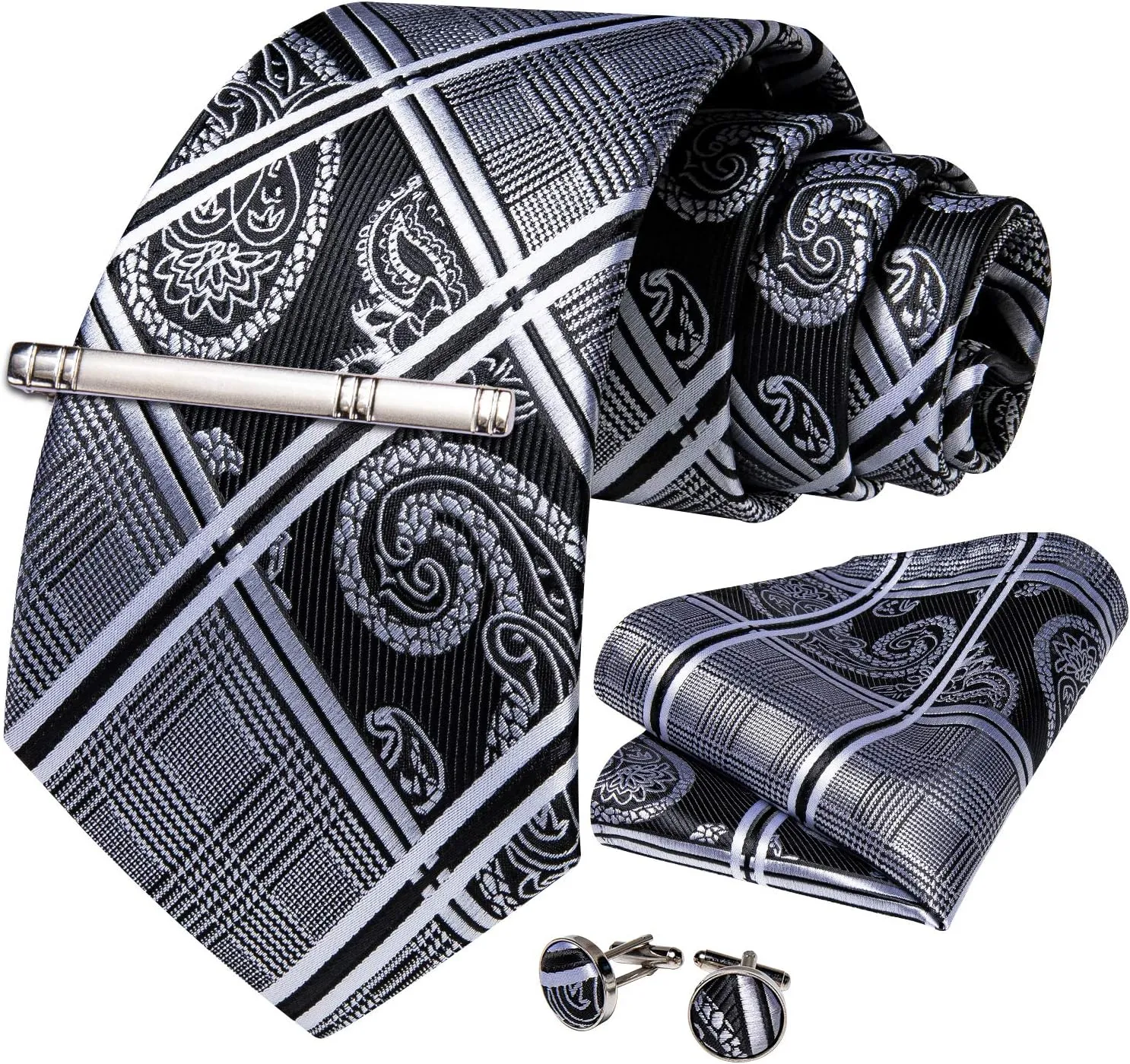DiBanGu Plaid Ties for Men Silk Checkered Necktie and Pocket Square Cufflinks Tie Clip Set with Gift Box for Wedding Business