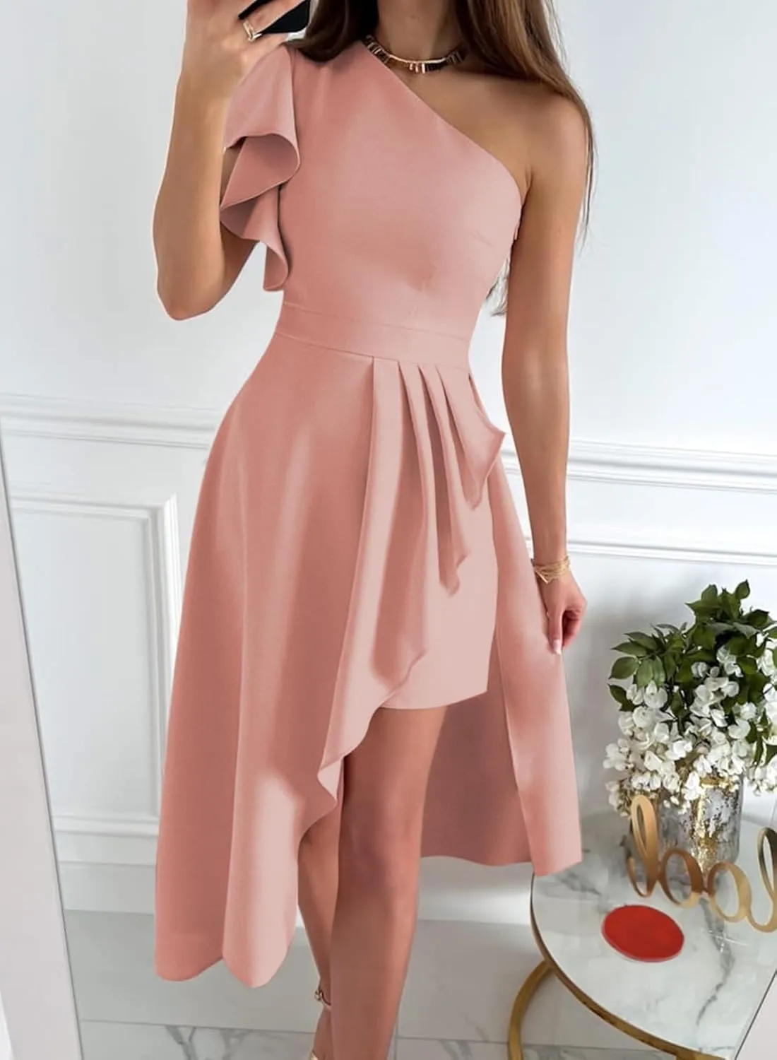 Dokotoo Womens One Shoulder Sleeveless Ruffle Empire Waist Asymmetrical High-Low Bodycon Formal Wedding Guest Midi Dresses