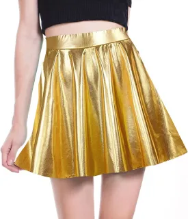 DOOVID Women's Shiny Metallic Skirt Flared Pleated Shiny Skirts Halloween Mini Skater Skirts