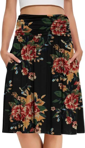 DouBCQ Midi Skirts for Women High Waist Pleated Skirts with Pockets Below Knee Length Flowy Skirt