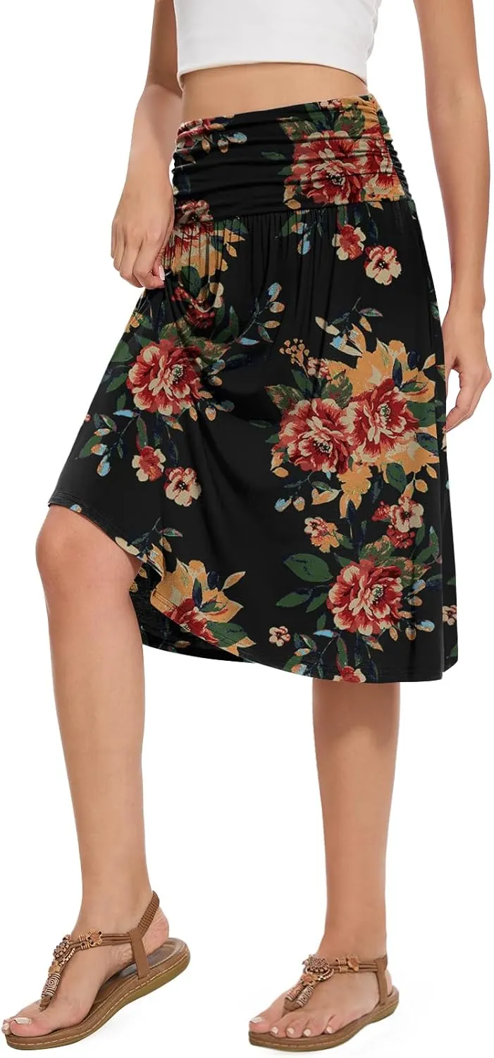 DouBCQ Midi Skirts for Women High Waist Pleated Skirts with Pockets Below Knee Length Flowy Skirt