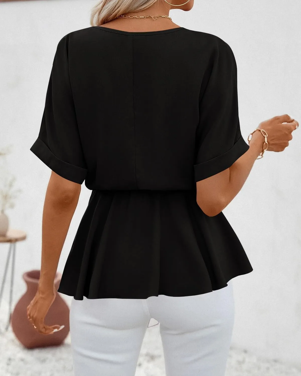 FSHAOES Womens V Neck Blouse Short Sleeve Belted Casual T-Shirts Basic Tee Tops