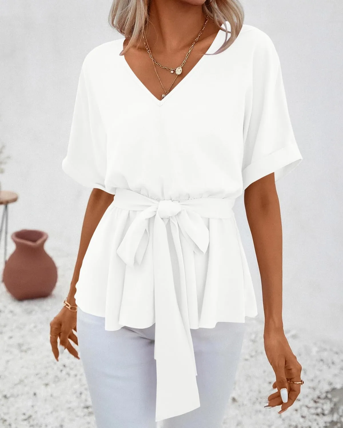 FSHAOES Womens V Neck Blouse Short Sleeve Belted Casual T-Shirts Basic Tee Tops
