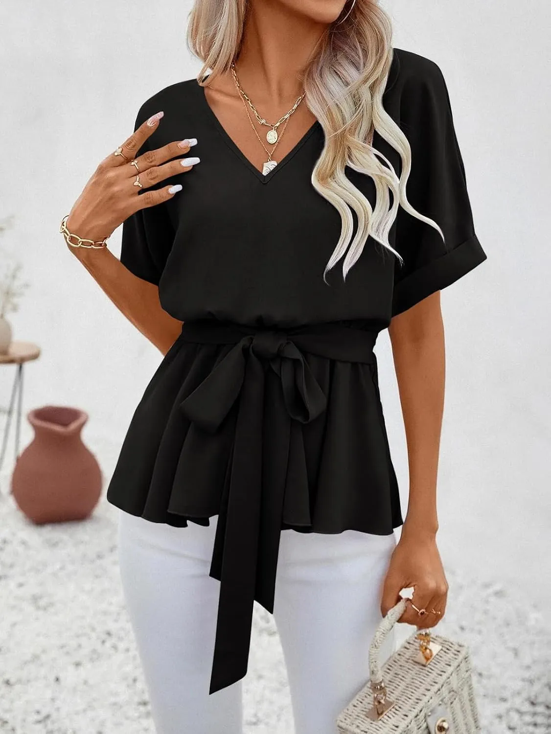 FSHAOES Womens V Neck Blouse Short Sleeve Belted Casual T-Shirts Basic Tee Tops
