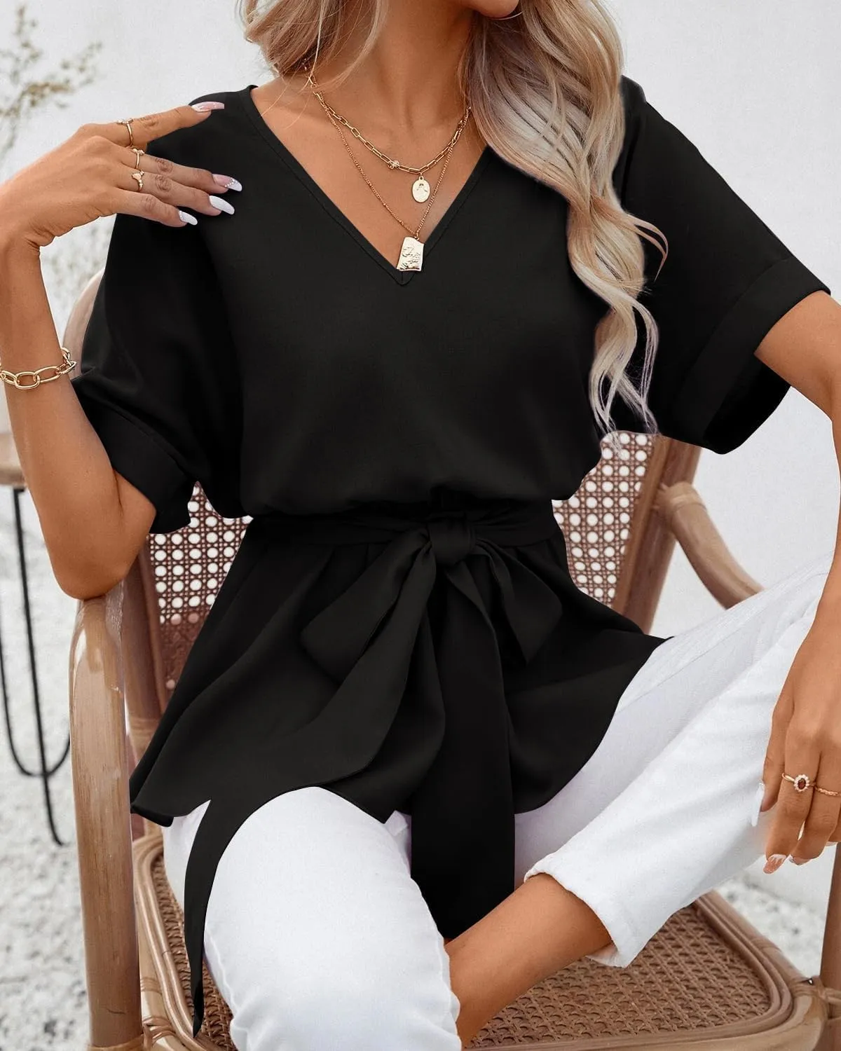 FSHAOES Womens V Neck Blouse Short Sleeve Belted Casual T-Shirts Basic Tee Tops