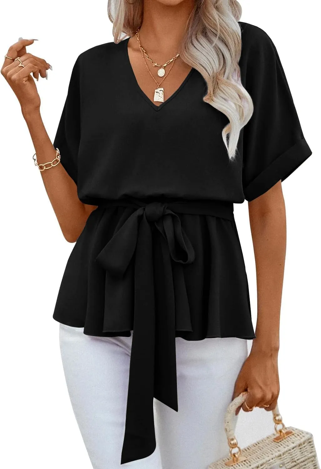 FSHAOES Womens V Neck Blouse Short Sleeve Belted Casual T-Shirts Basic Tee Tops