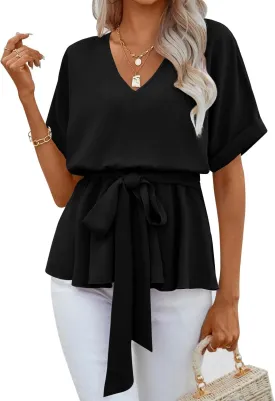 FSHAOES Womens V Neck Blouse Short Sleeve Belted Casual T-Shirts Basic Tee Tops