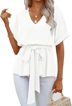 FSHAOES Womens V Neck Blouse Short Sleeve Belted Casual T-Shirts Basic Tee Tops