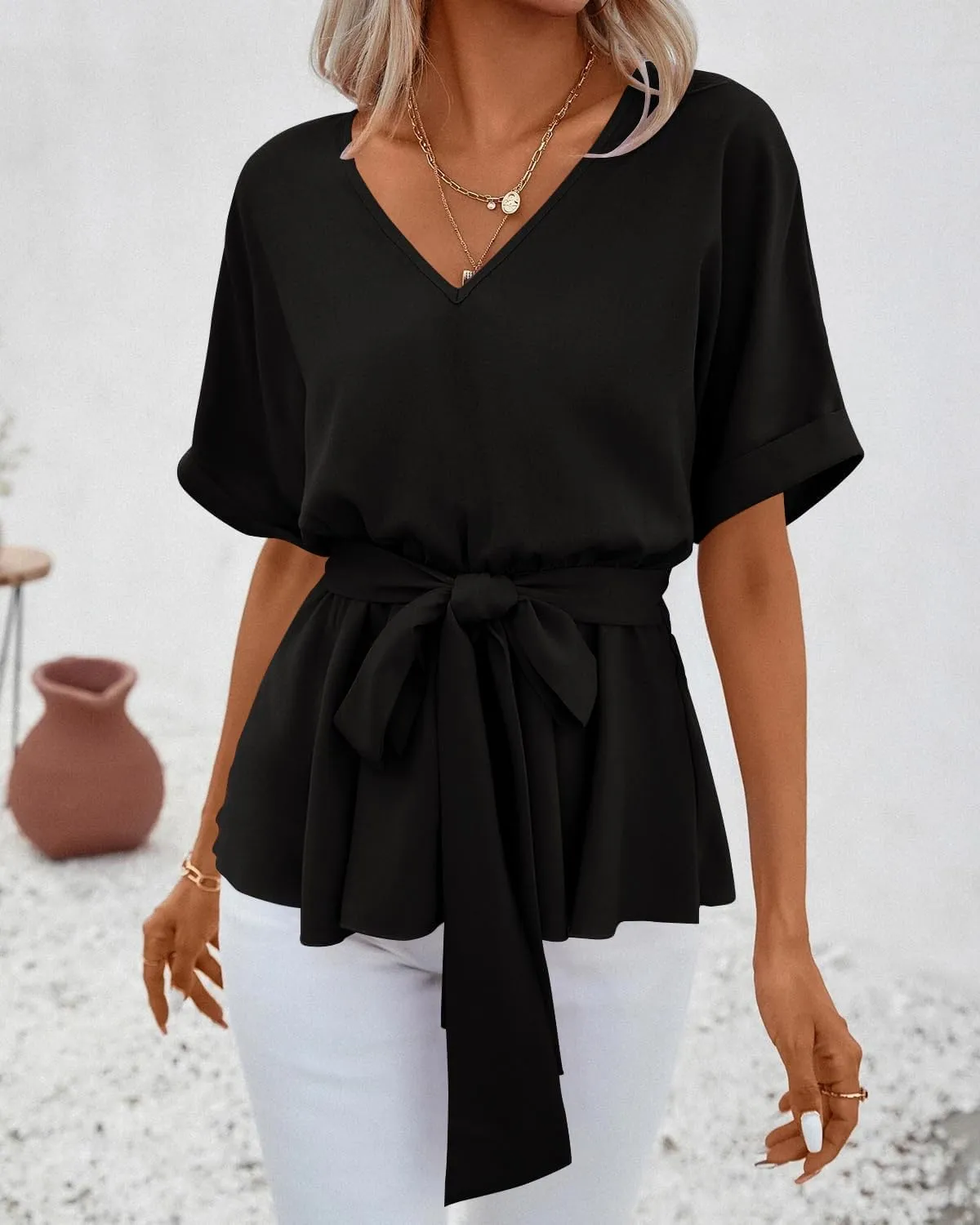 FSHAOES Womens V Neck Blouse Short Sleeve Belted Casual T-Shirts Basic Tee Tops