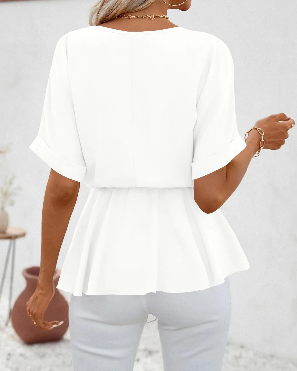 FSHAOES Womens V Neck Blouse Short Sleeve Belted Casual T-Shirts Basic Tee Tops