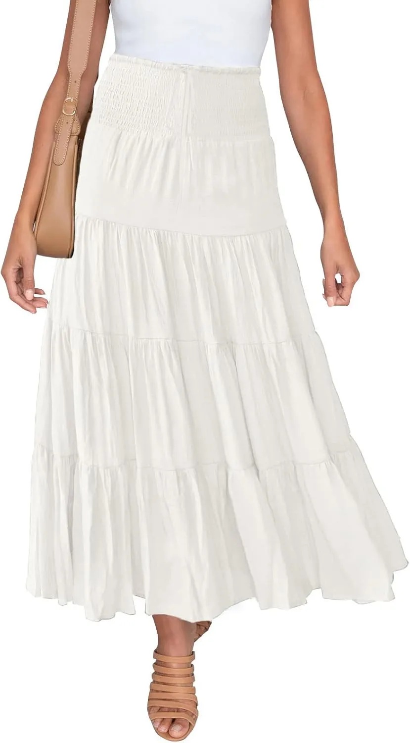 HAEOF Women's Summer Flowy Boho Maxi Skirt Trendy Smocked Waist Ruffle Tiered A Line Casual Beach Long Skirts Midi Dress