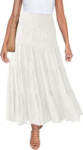 HAEOF Women's Summer Flowy Boho Maxi Skirt Trendy Smocked Waist Ruffle Tiered A Line Casual Beach Long Skirts Midi Dress
