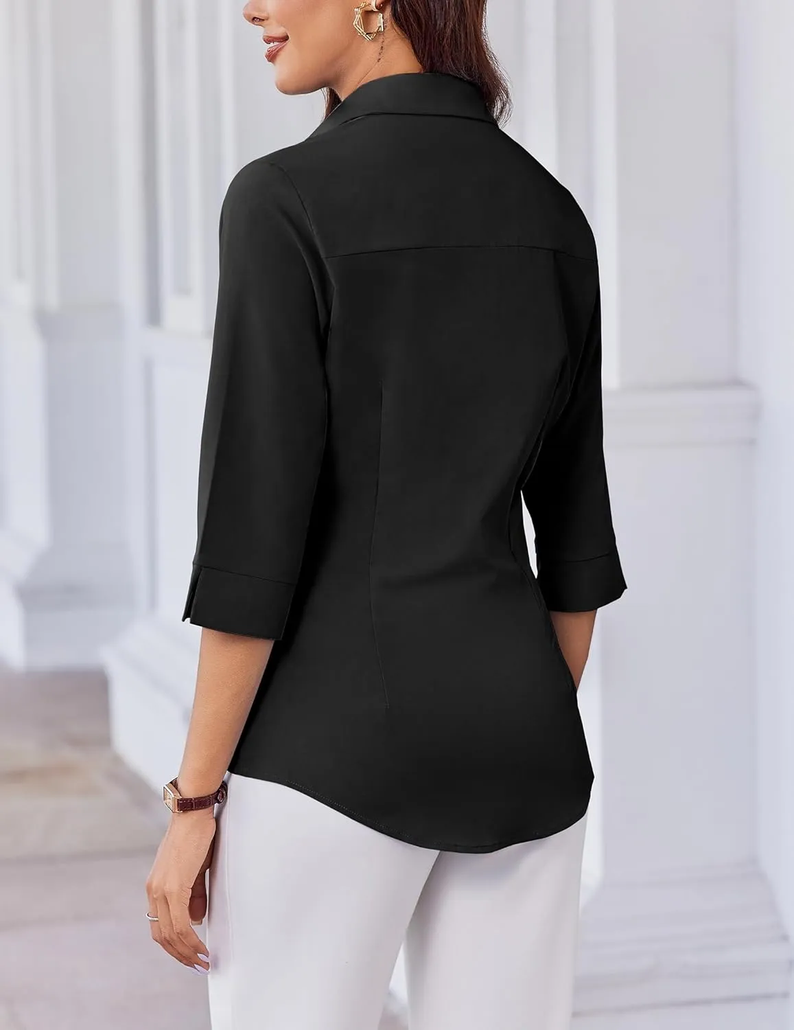 HOTOUCH Women Button Down Shirts 3/4 Sleeve Basic Business Dress Shirt Slim Fitted Classic V Neck Button Up Work Blouse Tops