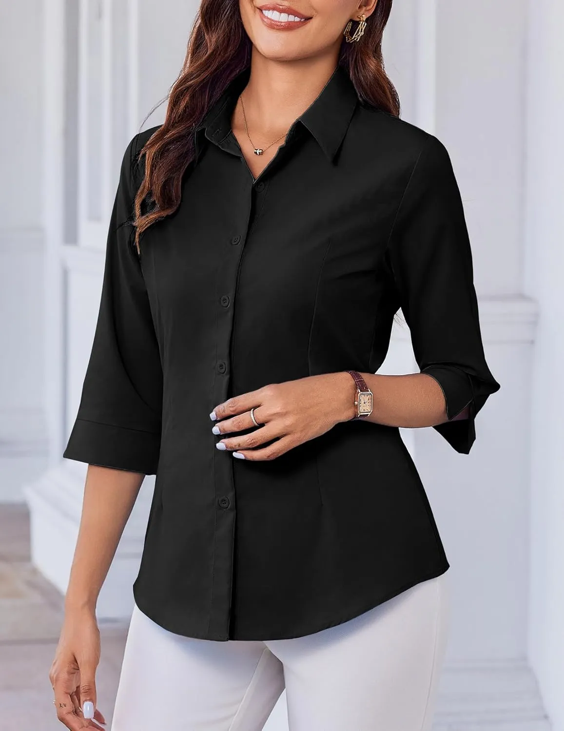 HOTOUCH Women Button Down Shirts 3/4 Sleeve Basic Business Dress Shirt Slim Fitted Classic V Neck Button Up Work Blouse Tops