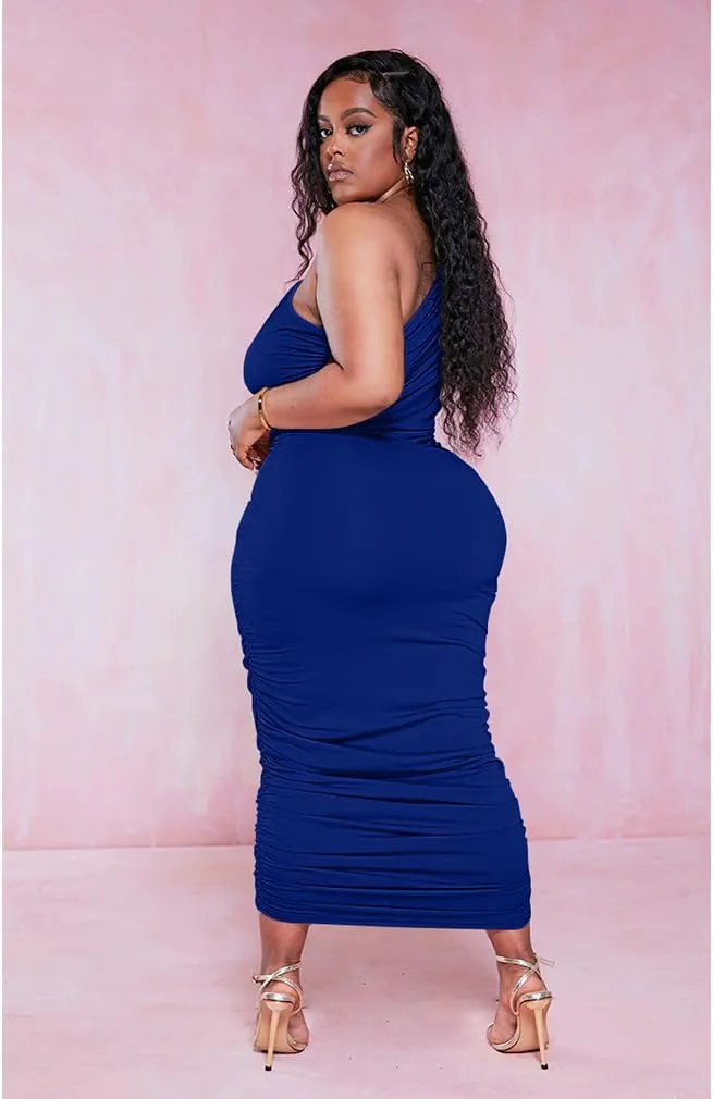 LAGSHIAN Women Sexy One Shoulder Plus Size Sleeveless Ruched Bodycon Long Party Dress