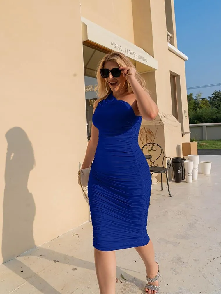 LAGSHIAN Women Sexy One Shoulder Plus Size Sleeveless Ruched Bodycon Long Party Dress