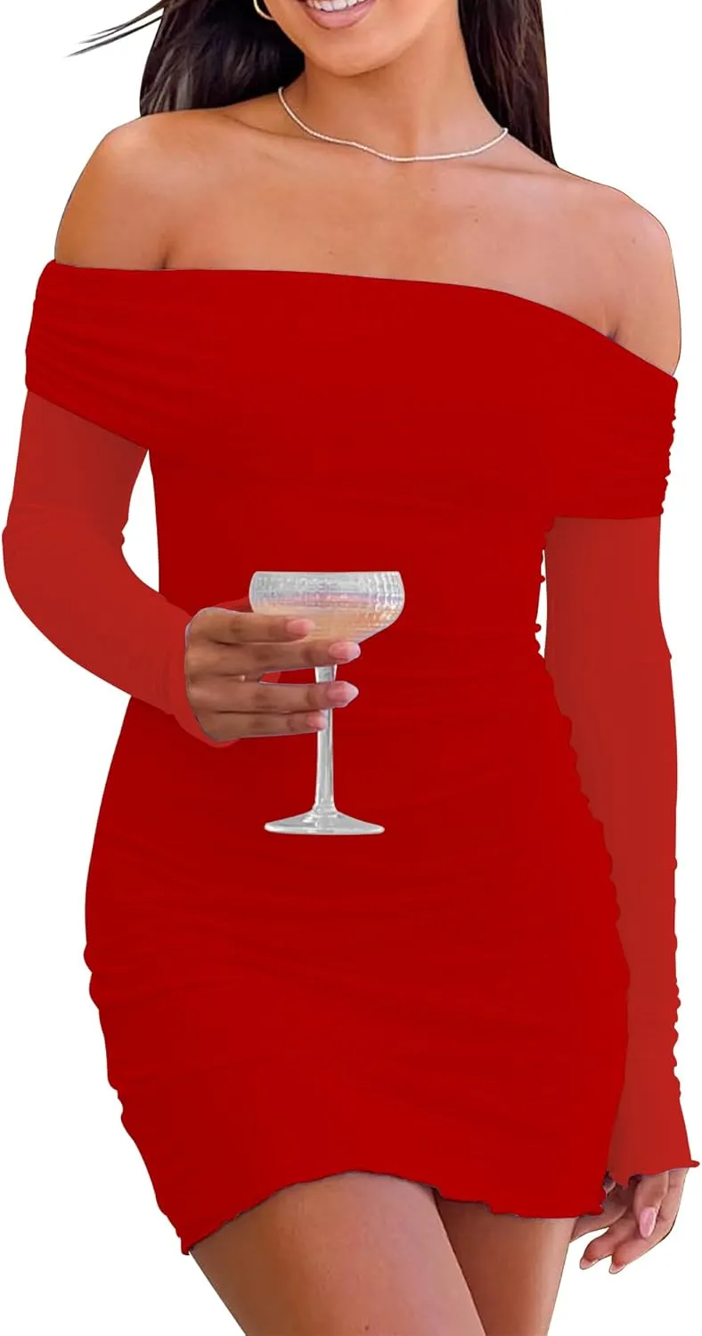 Mokoru Women's Sexy Bodycon Off The Shoulder Mesh Long Sleeve Elegant Cocktail Party Mini Dresses