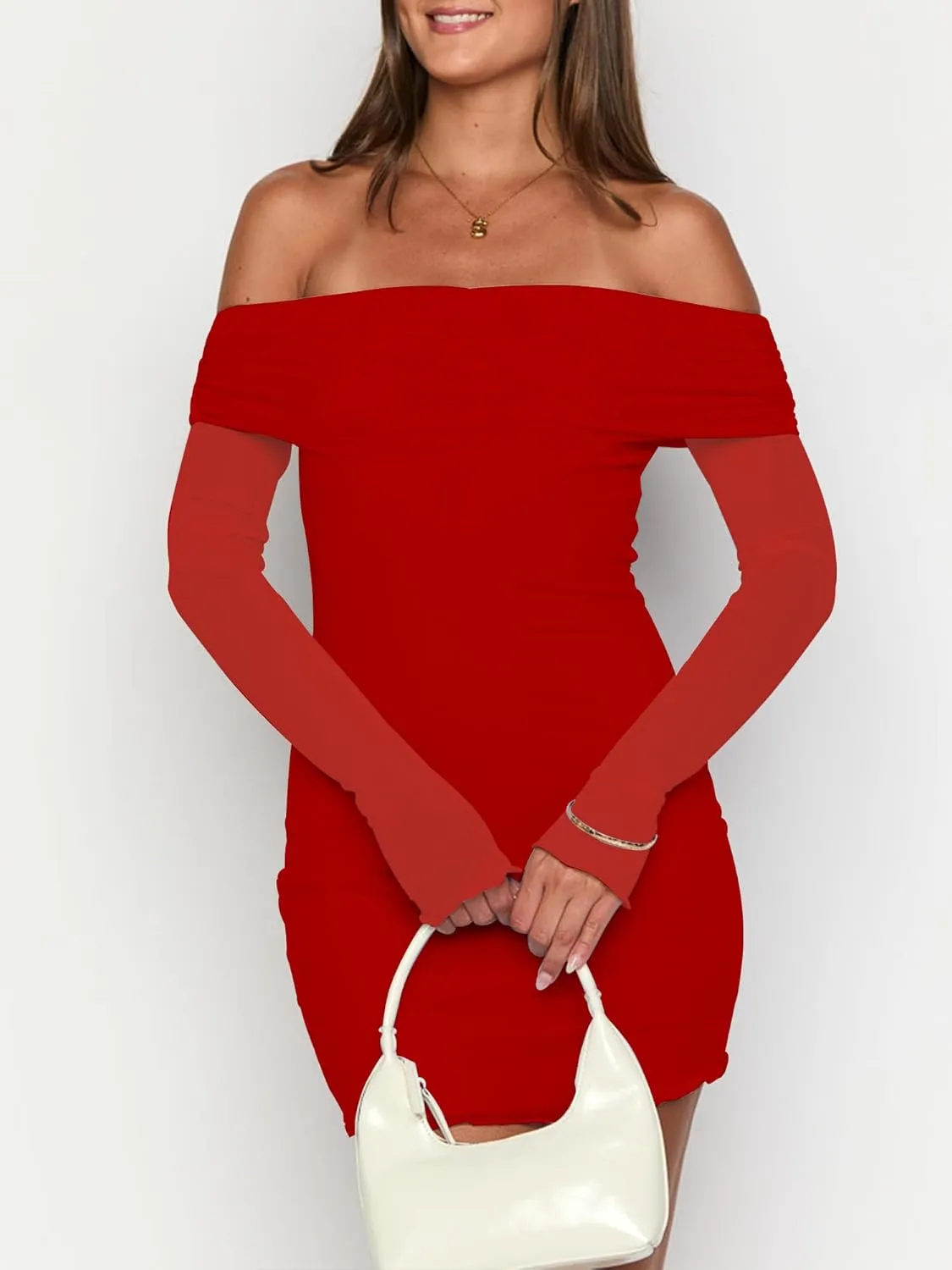 Mokoru Women's Sexy Bodycon Off The Shoulder Mesh Long Sleeve Elegant Cocktail Party Mini Dresses