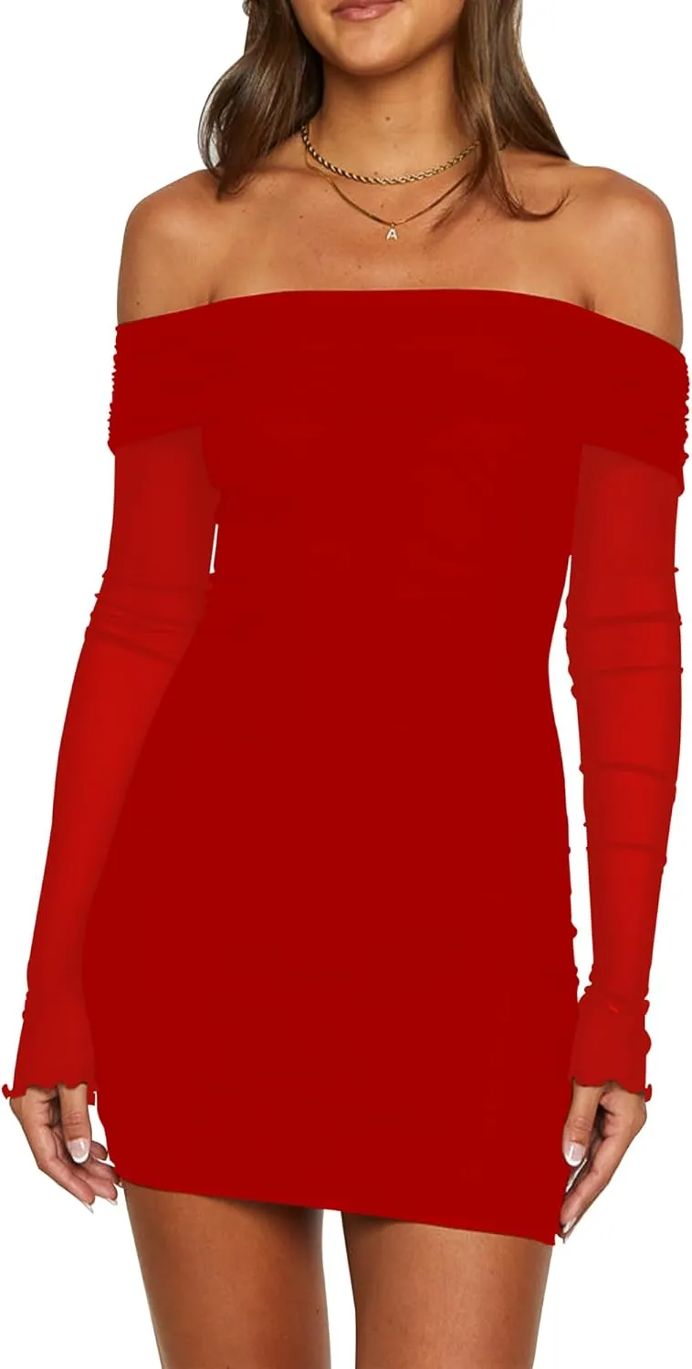 Mokoru Women's Sexy Bodycon Off The Shoulder Mesh Long Sleeve Elegant Cocktail Party Mini Dresses