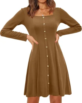 Newshows Women 2024 Fall Dress Long Sleeve Holiday Outfits Square Neck Casual Winter Ribbed Knit Dresses Trendy