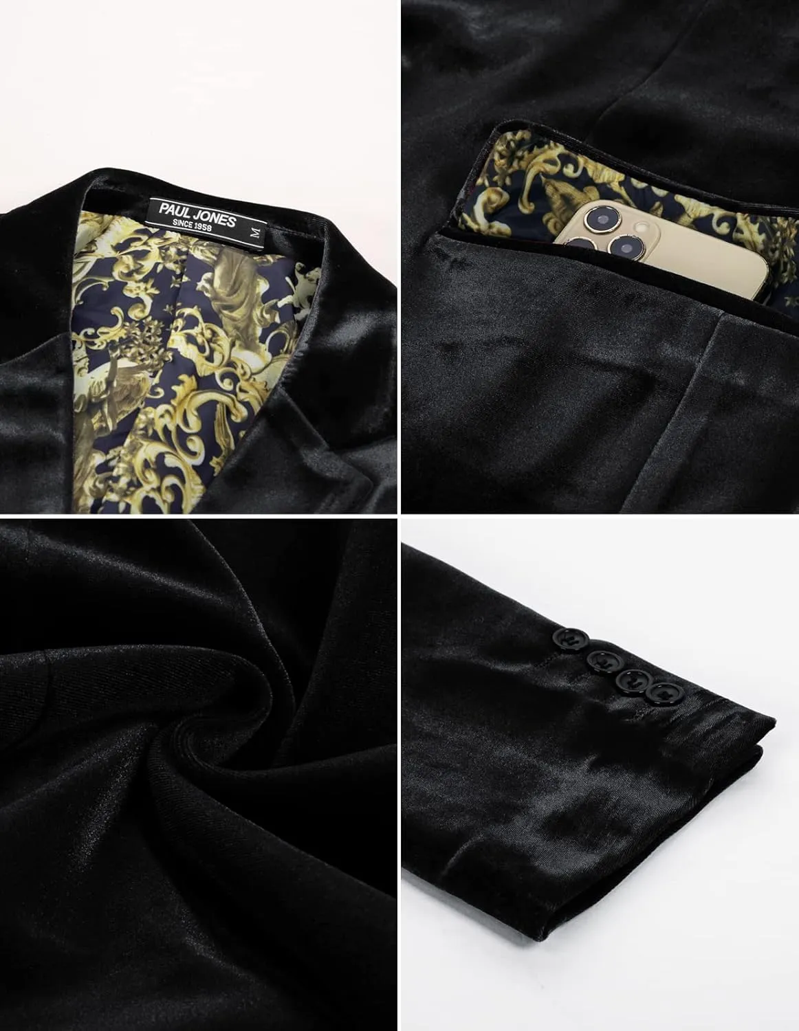 PJ PAUL JONES Mens Velvet Blazer Two Button Sport Coat Solid Slim Fit Suit Jacket for Dinner Prom Wedding