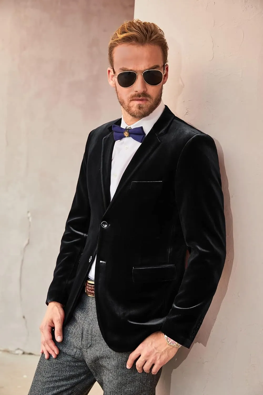 PJ PAUL JONES Mens Velvet Blazer Two Button Sport Coat Solid Slim Fit Suit Jacket for Dinner Prom Wedding
