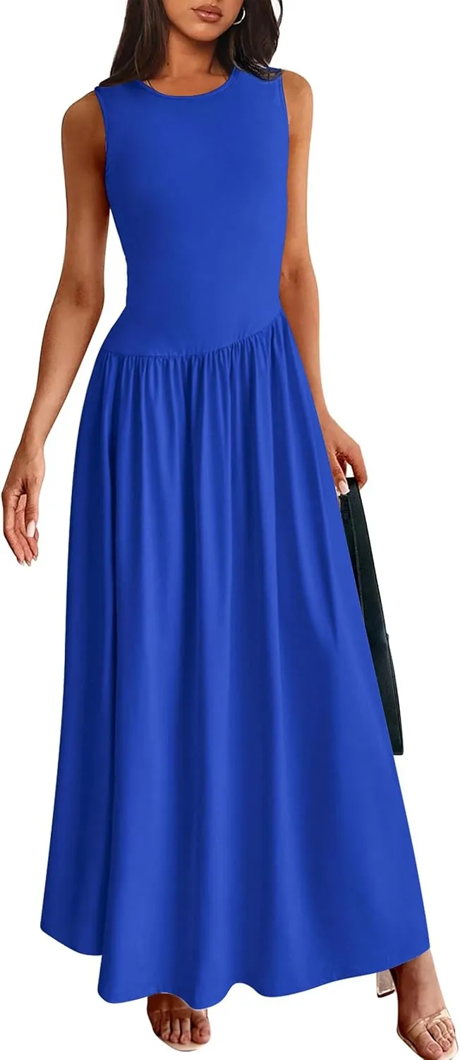 PRETTYGARDEN Women's Maxi Sundress Casual Summer 2025 Sleeveless Asymmetrical Drop Waist Patchwork Long Flowy Tank Dresses
