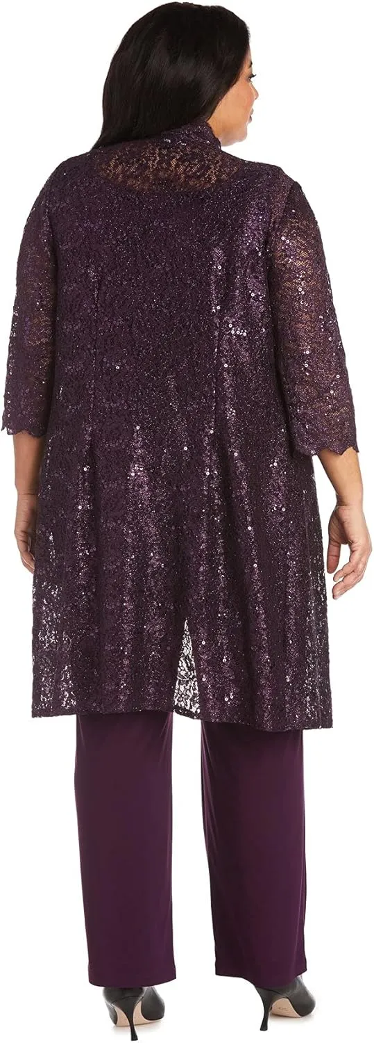 R&M Richards Womens Plus Sequined Lace Pant Suit