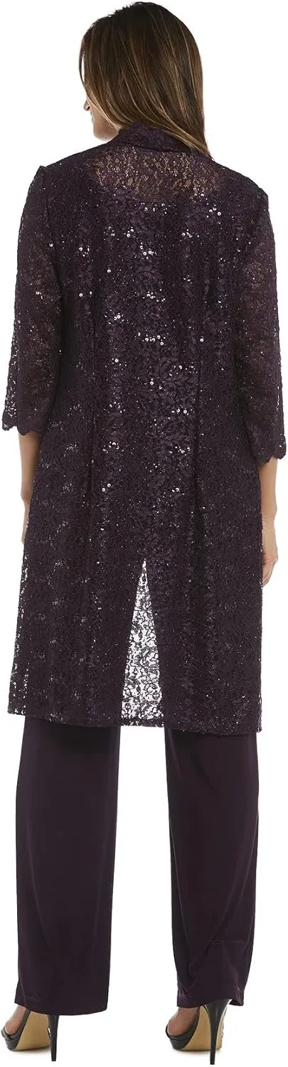 R&M Richards Womens Plus Sequined Lace Pant Suit