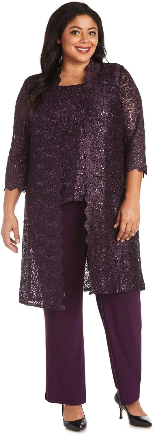 R&M Richards Womens Plus Sequined Lace Pant Suit
