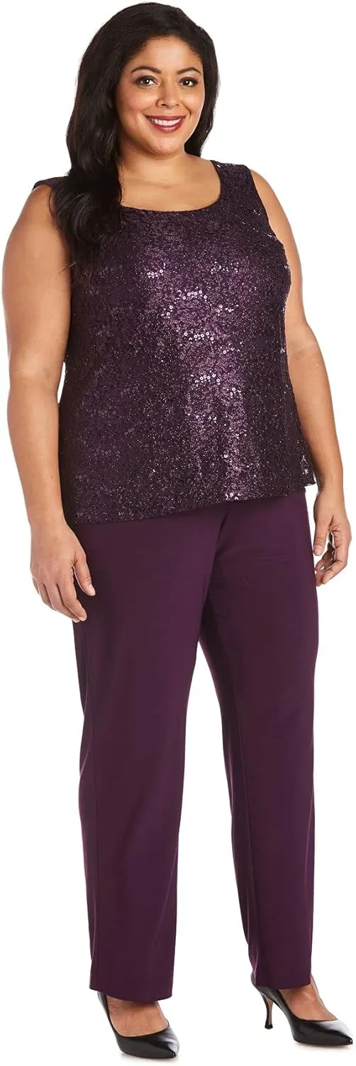 R&M Richards Womens Plus Sequined Lace Pant Suit