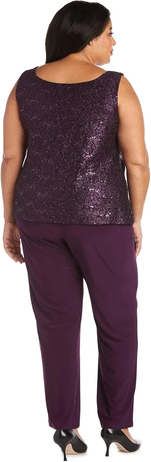 R&M Richards Womens Plus Sequined Lace Pant Suit