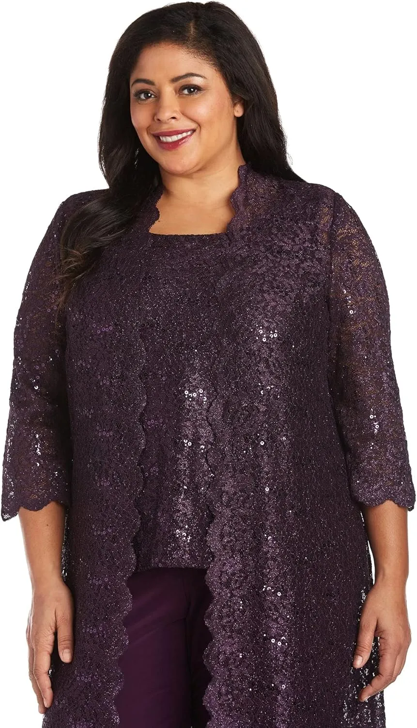 R&M Richards Womens Plus Sequined Lace Pant Suit