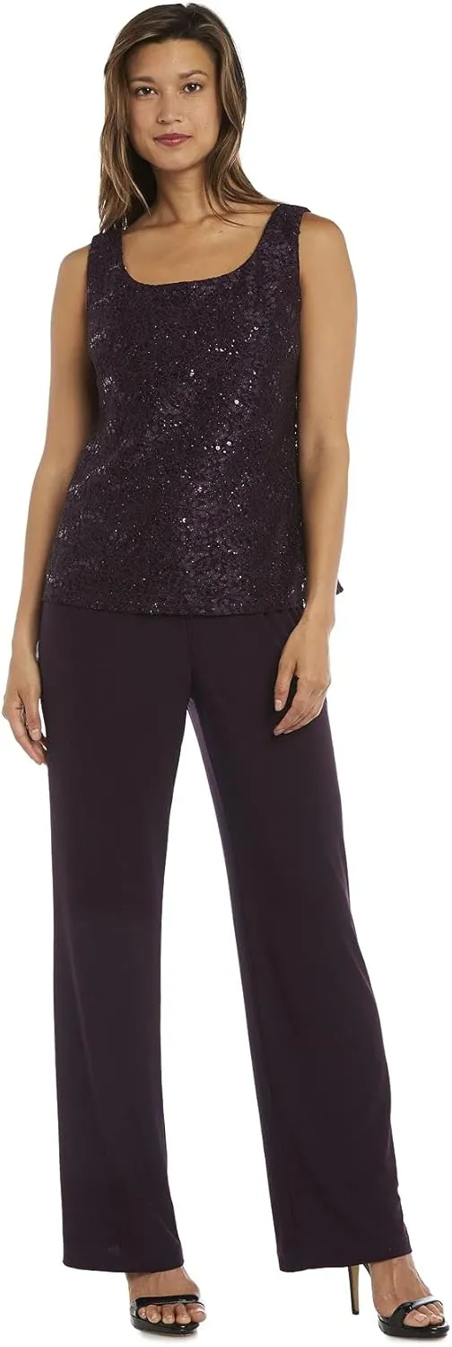 R&M Richards Womens Plus Sequined Lace Pant Suit