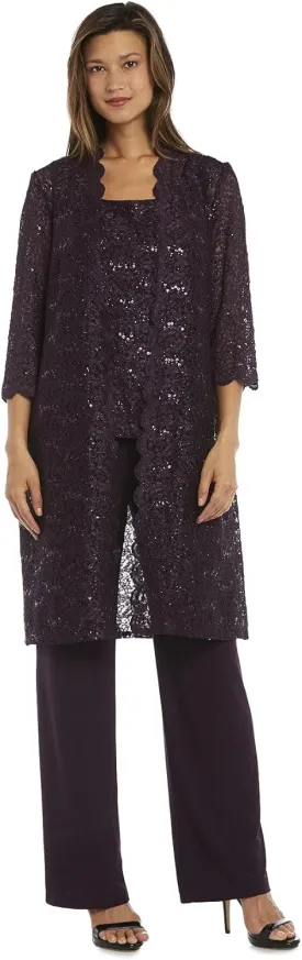 R&M Richards Womens Plus Sequined Lace Pant Suit