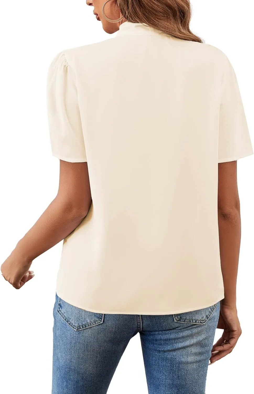 Rooscier Women's Bow Tie Knot Mock Neck Short Sleeve Elegant Workwear Blouse Shirt Top