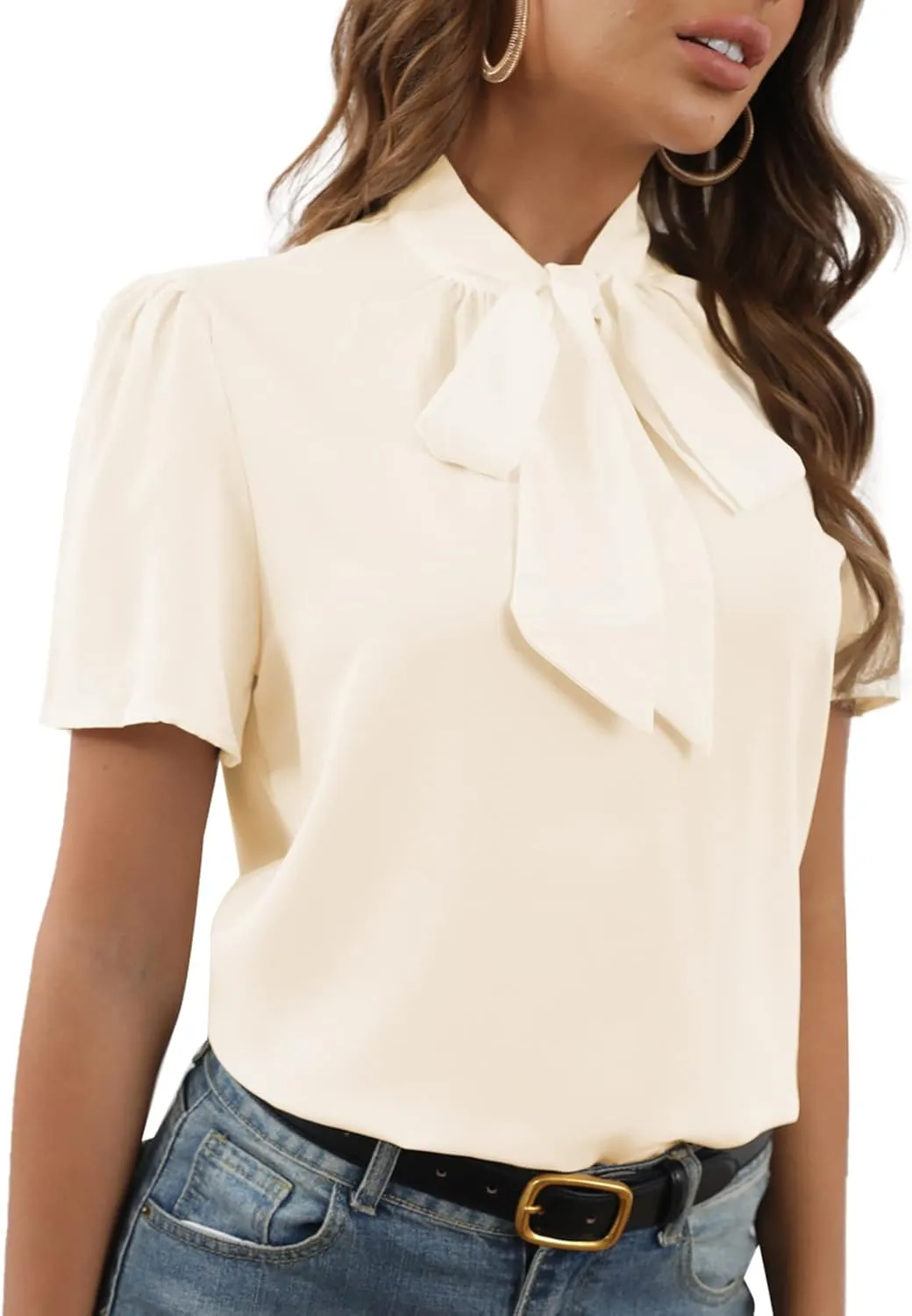 Rooscier Women's Bow Tie Knot Mock Neck Short Sleeve Elegant Workwear Blouse Shirt Top