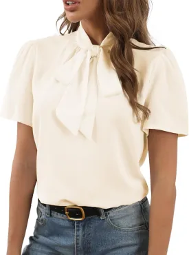 Rooscier Women's Bow Tie Knot Mock Neck Short Sleeve Elegant Workwear Blouse Shirt Top