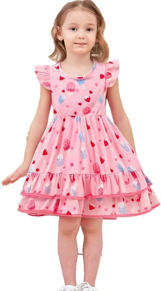 Toddler Little Girl Summer Dresses Kids Cute Casual Flutter Sleeve Tiered Smock Dress 2-7 Years